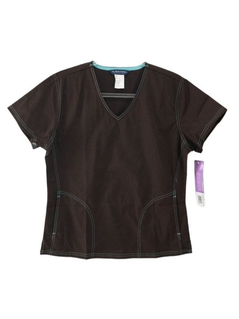 NU Dimension Aqua Trim Brown V-Neck Scrub Top